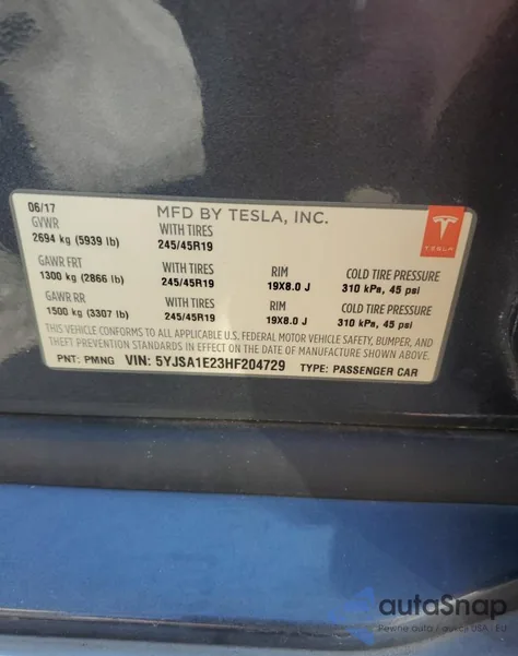 2017 Tesla Model S из США, поврежденный, VIN 5YJSA1E23HF204729